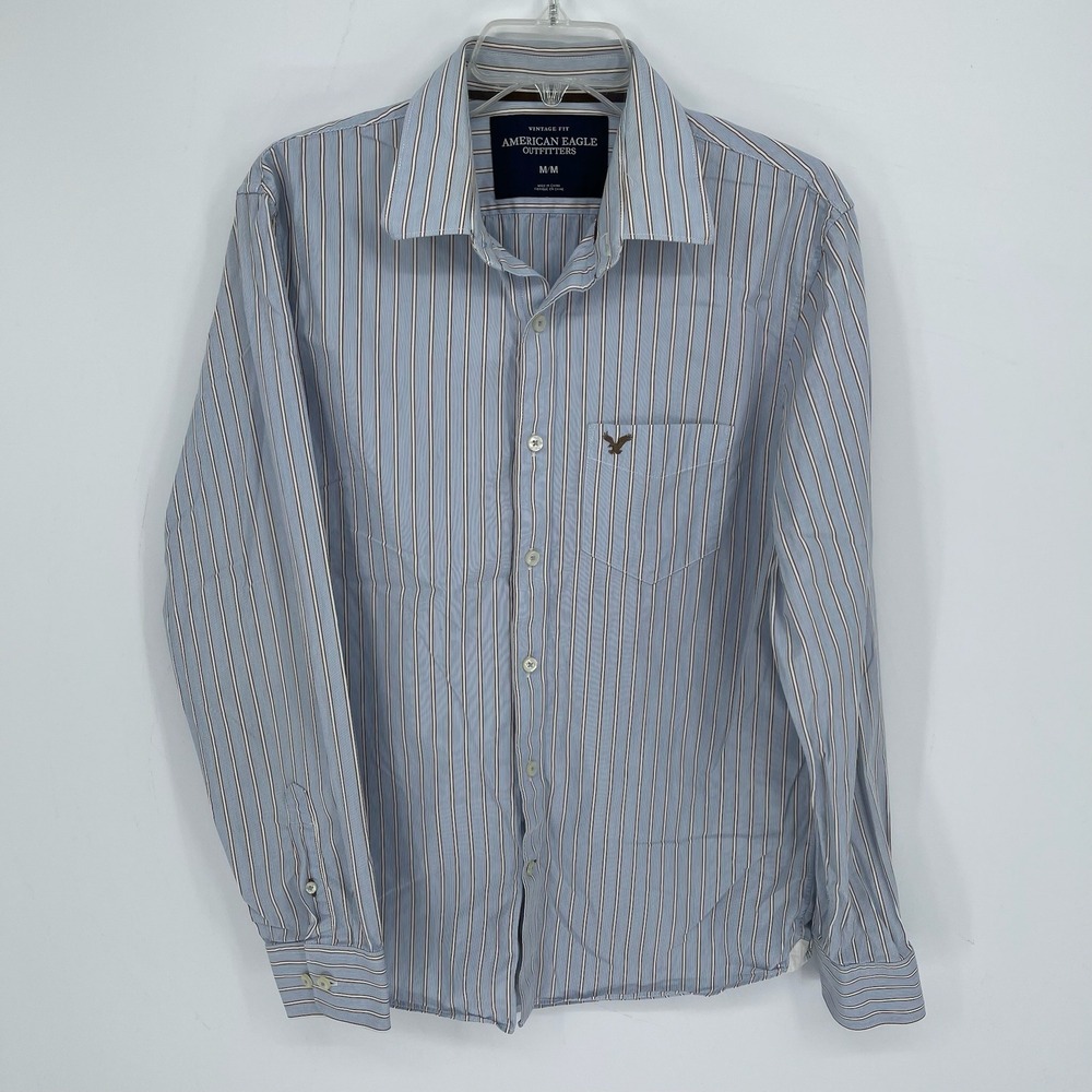 Vintage American Eagle Men's Blue Striped Fit Button Down Shirt Size Medium